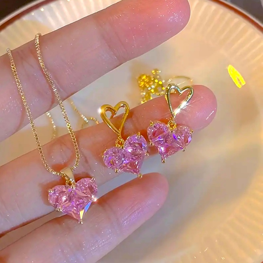 Pink Heart Necklace and Earrings Set Gold Tone Cubic Zirconia Valentine’s Day